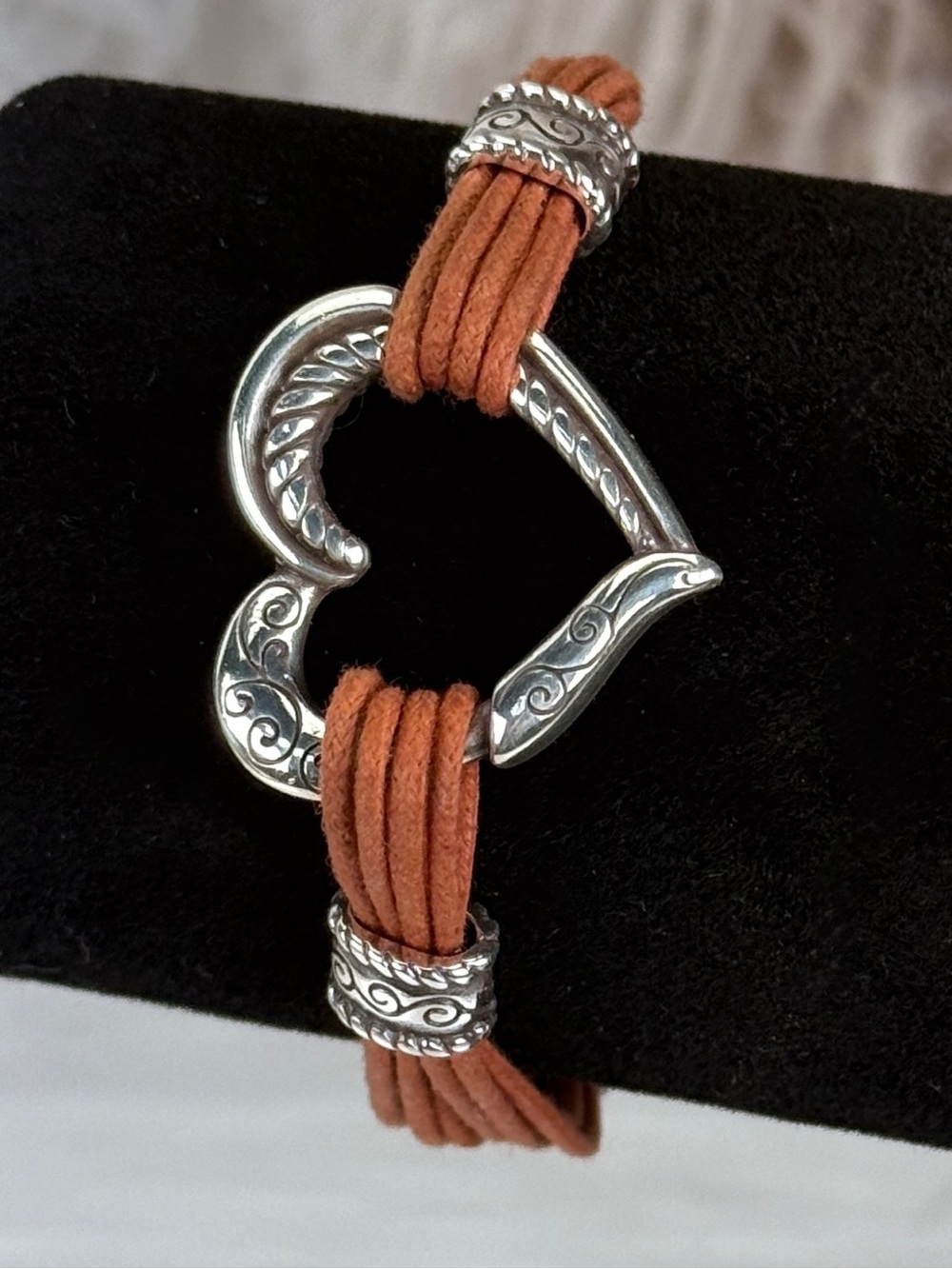 NWT Brighton Heritage Heart Brown Cord Bracelet J3246C Silver Plated